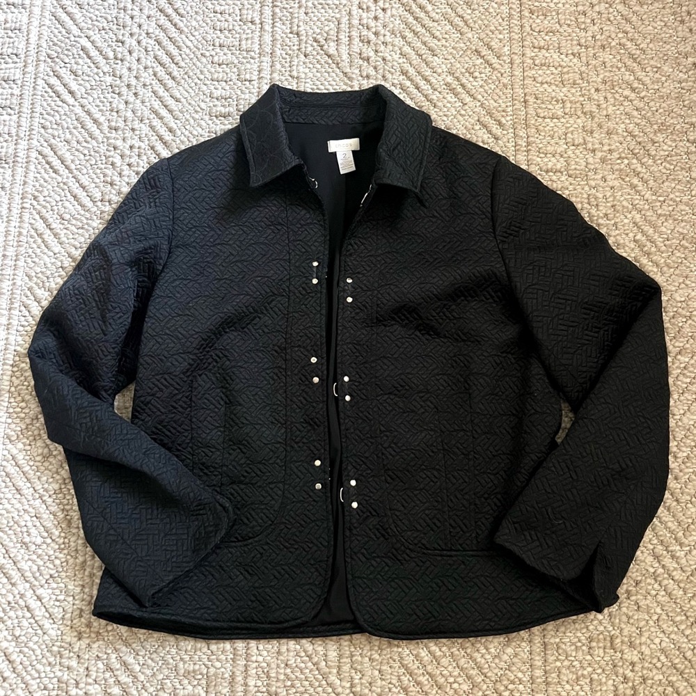 Chicos Black Quilted Matelasse Jacket Silver Stud Hook Eye Closure Size 2 Large